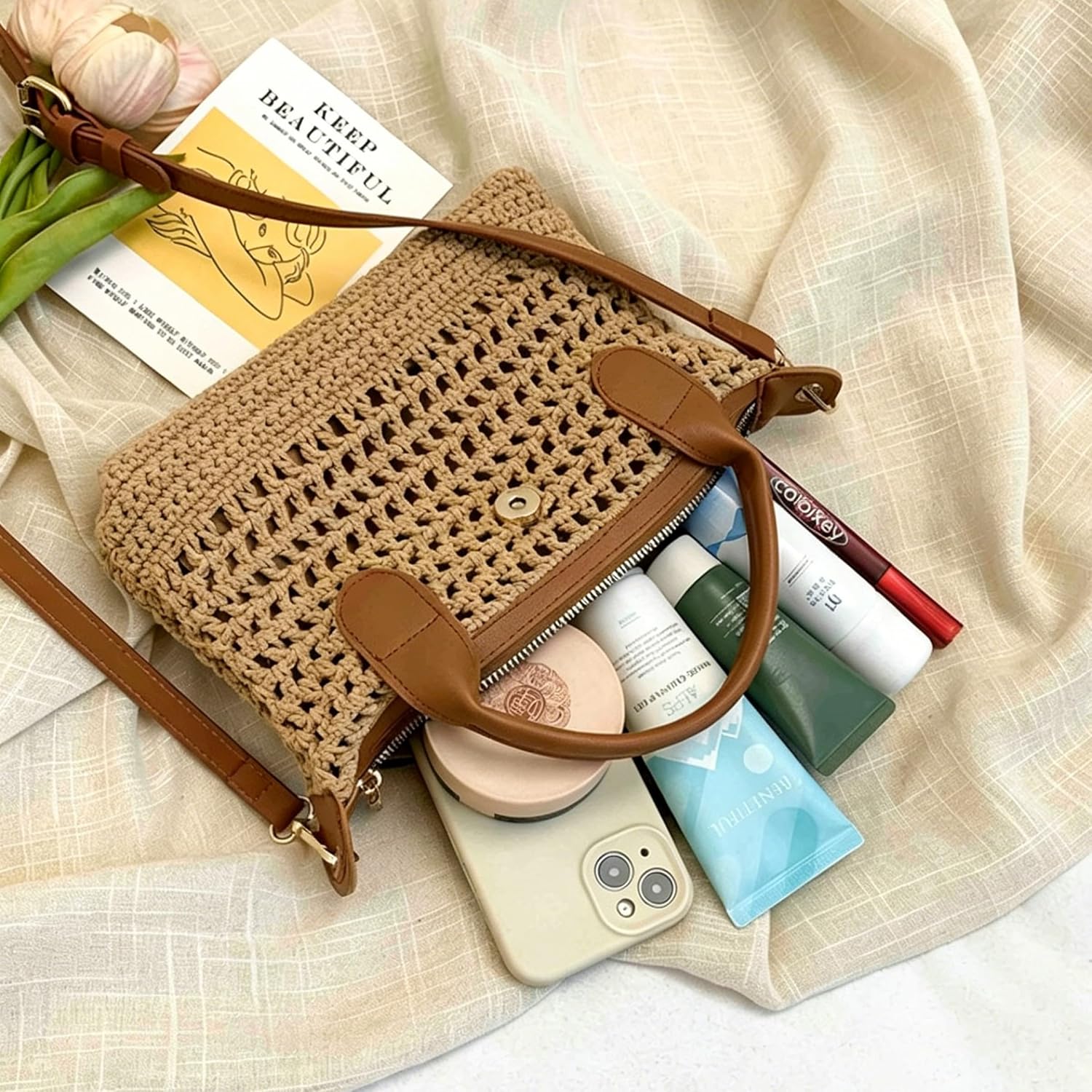 Women's Crochet Crossbody Bag with Leather Top Handle