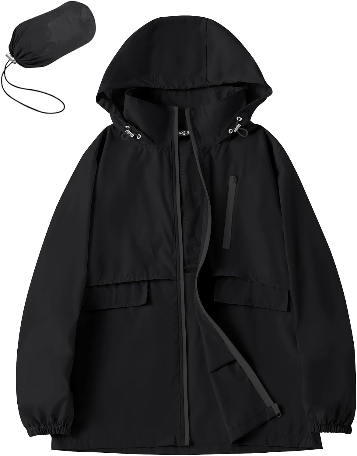 Women's Long Hooded Rain Jacket Waterproof Black