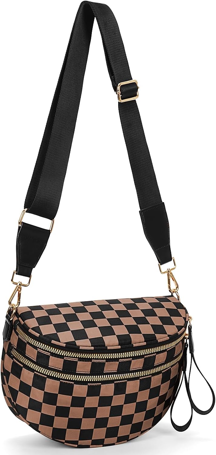 Women's Checkered Nylon Crossbody Bum Bag with Wide Strap