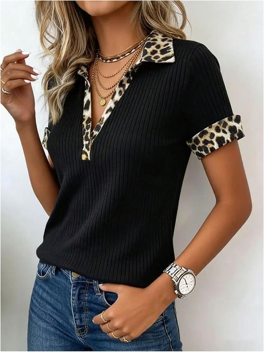 Women's Leopard Collar Ribbed Knit T-Shirt Black