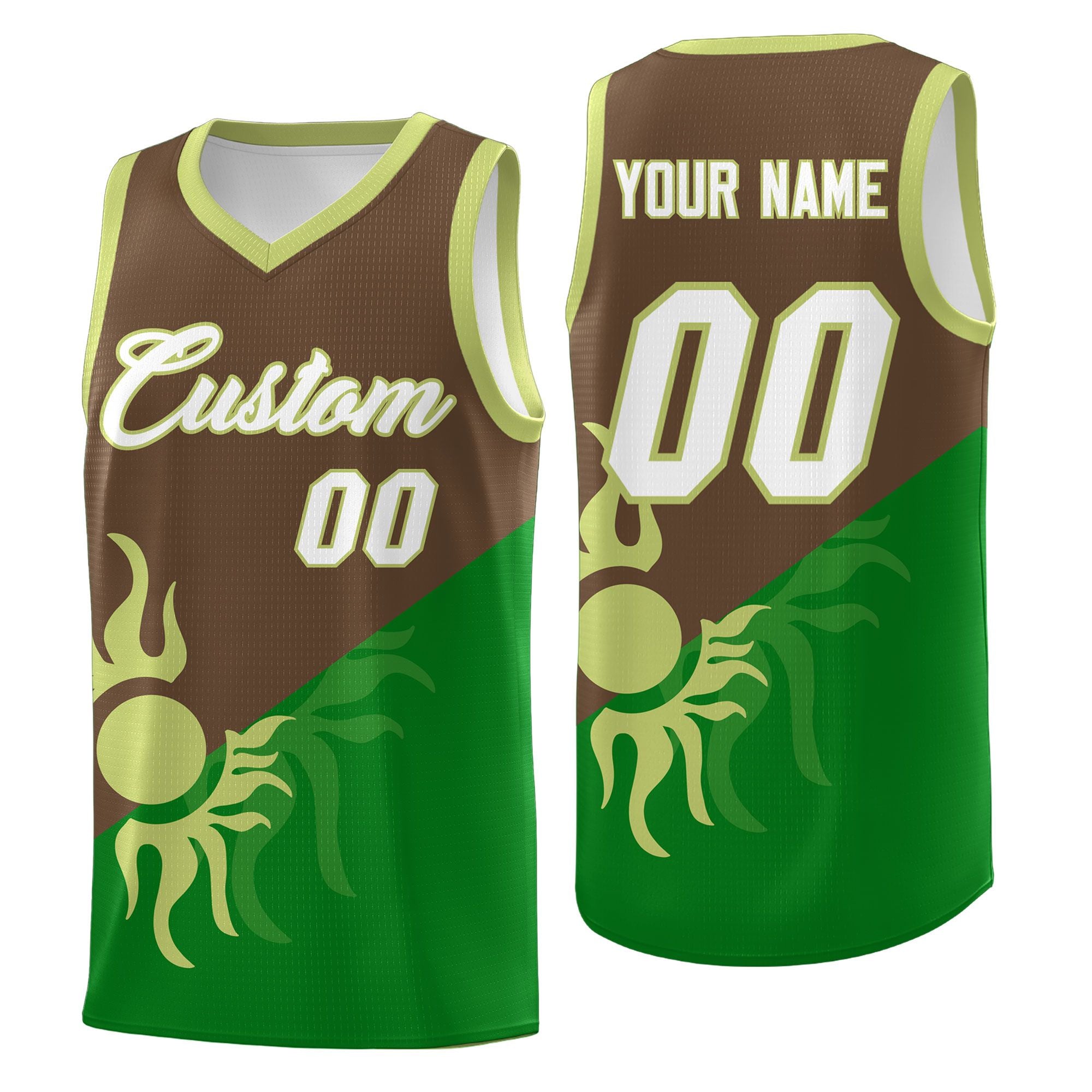 Maßgeschneidertes Kelly Green Hellbraun Sunburst Design Zweifarbiges, leichtes, einheitliches Basketballtrikot