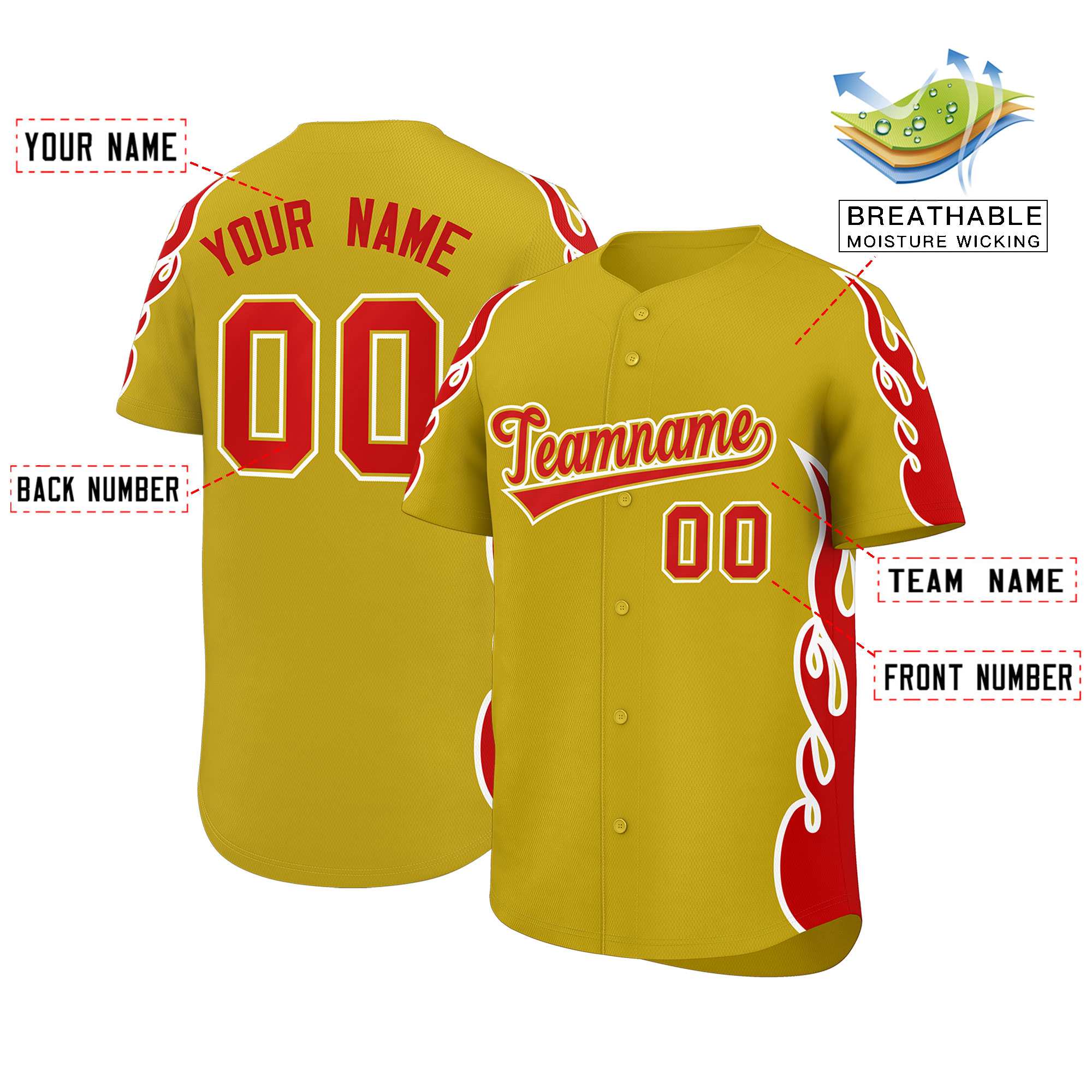 Benutzerdefiniertes Baseball-Trikot mit Seitenflammen-Umrissmuster für Sportuniformen