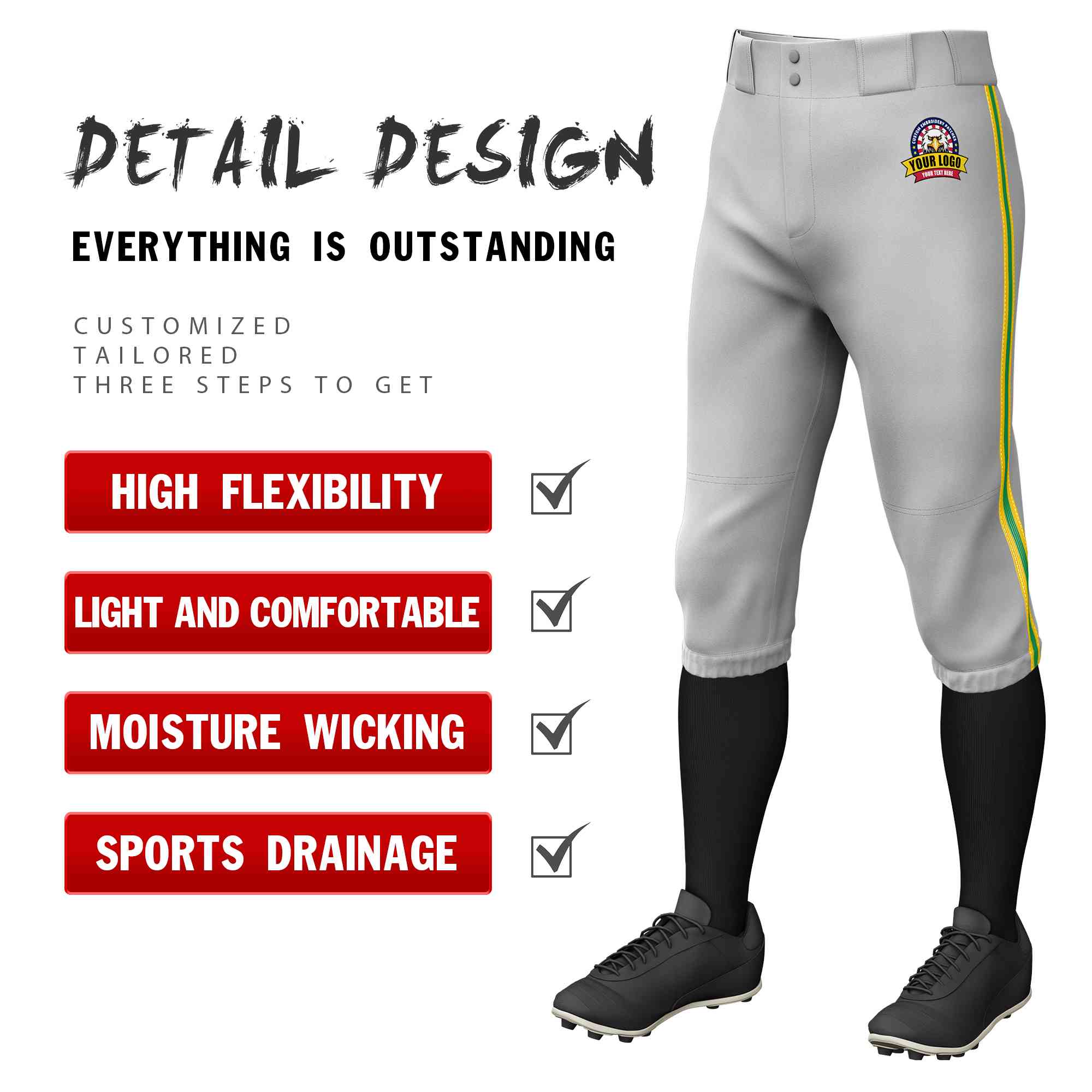 Custom Kelly Green-Gold Classic Fit Stretch Practice Knickers Baseball Pants