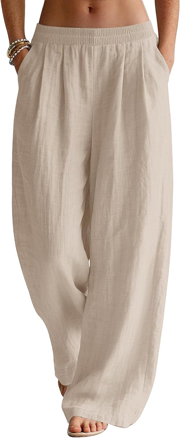 Linen Pants Women Wide Leg Palazzo Summer Flowy Beach Vacation Clothes Elastic Waist Travel Trousers with Pockets