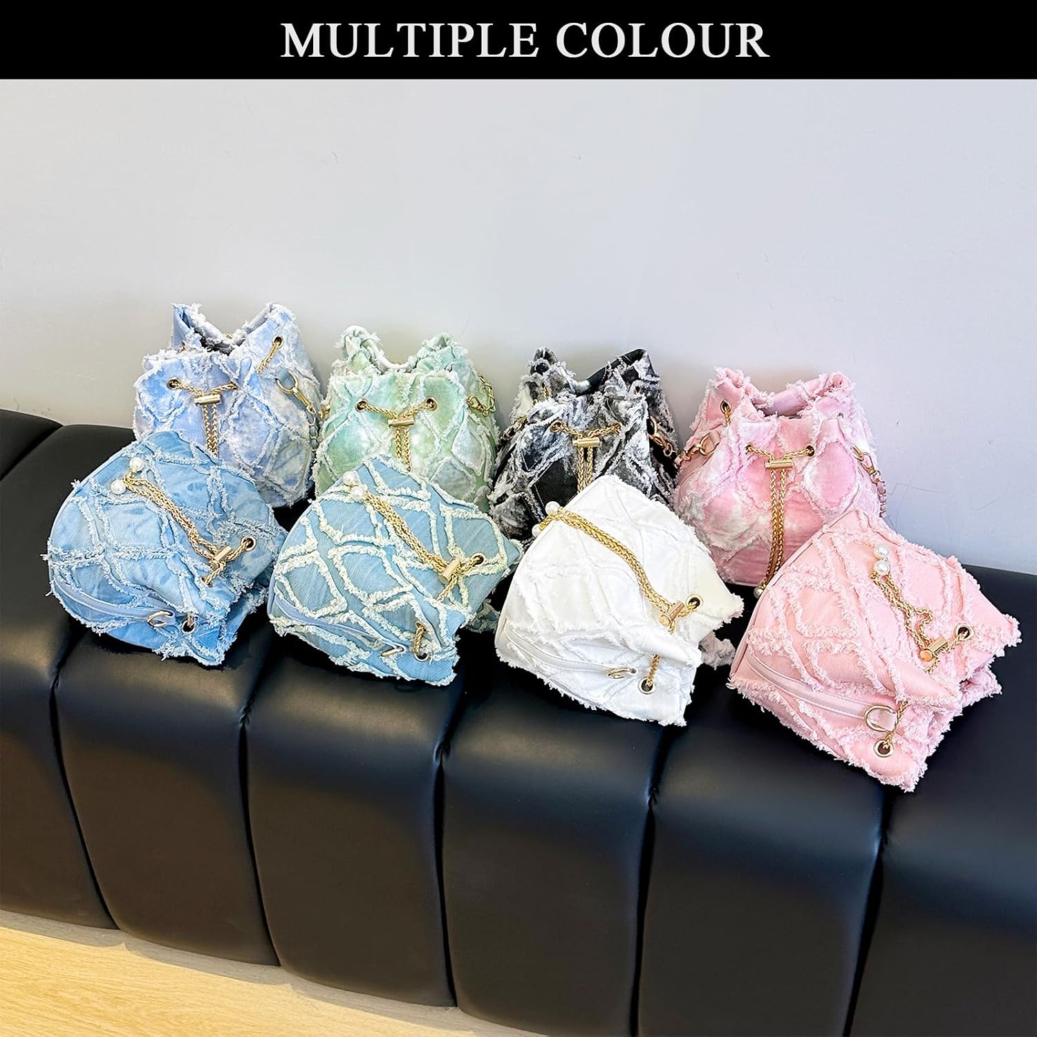 Women's Quilted Denim Bucket Bag with Chain Strap Blue