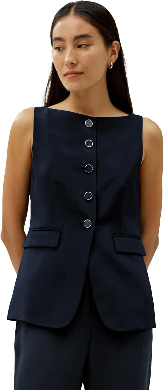 Women's Silk Button Front Blazer Vest Navy Sleeveless Waistcoat