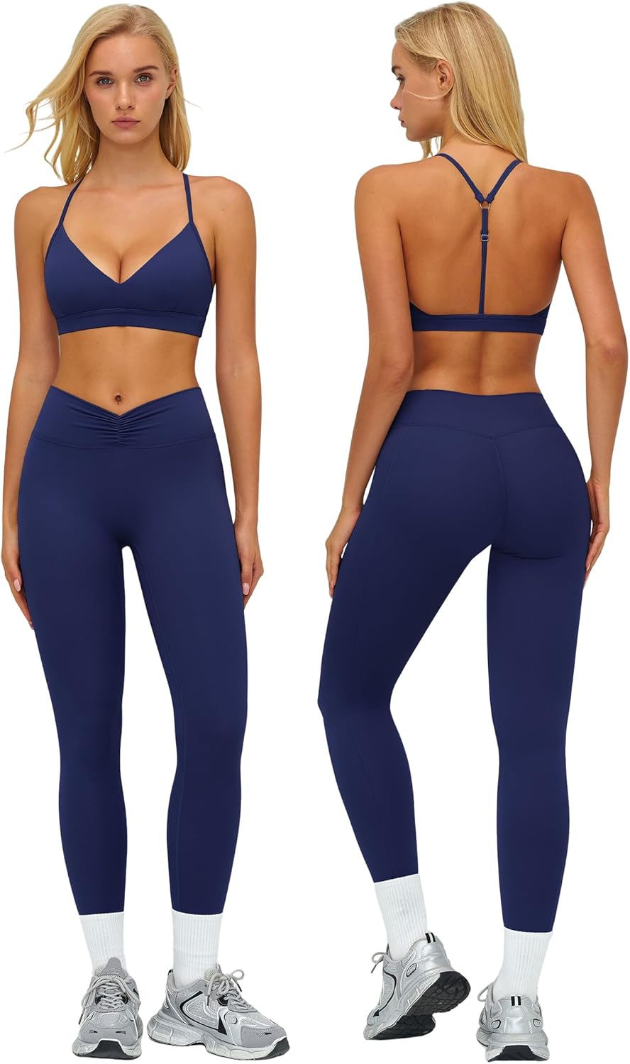Workout Sets for Women 2 Piece Gym Sets Yoga Outfits V Neck Adjustable Bra High Waist Leggings