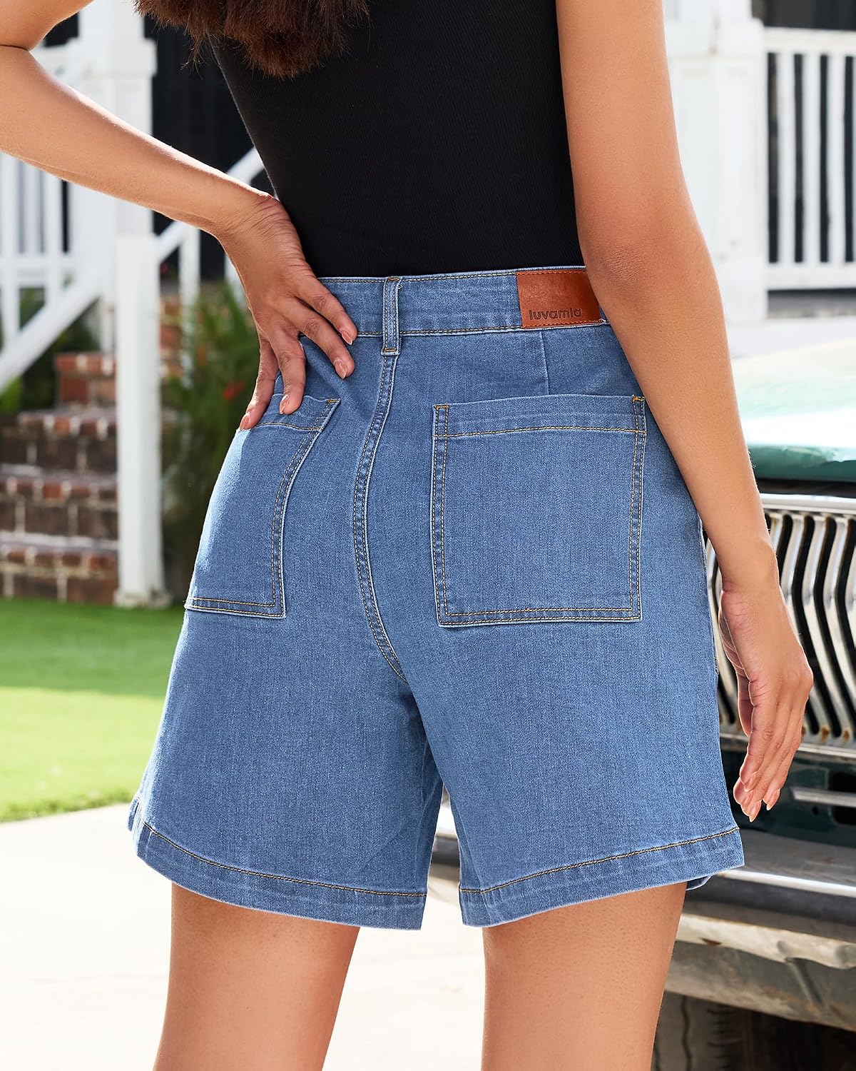 Jean Shorts for Women Adjustable Waist Jorts Wide Leg Denim Casual Style Stretch Baggy 7 Inch Inseam Distressed Design Summer Patch Pockets