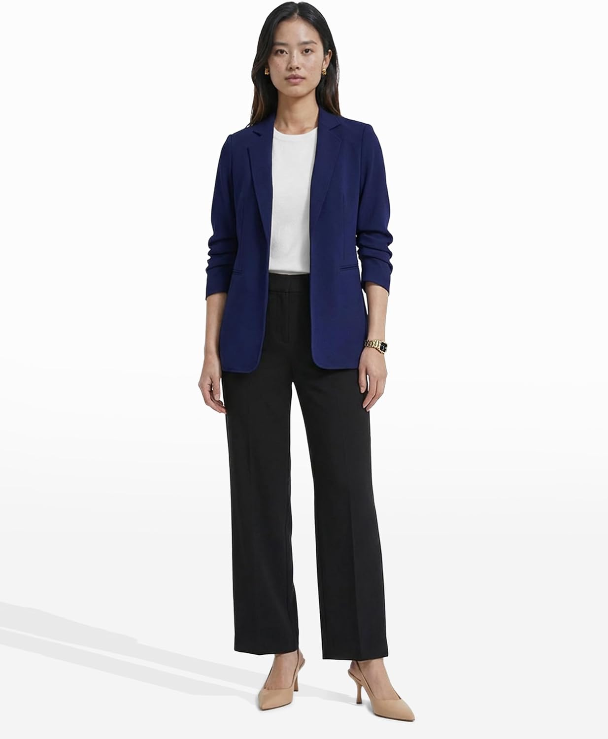Women's Ruched Sleeve Open Front Blazer Royal Blue