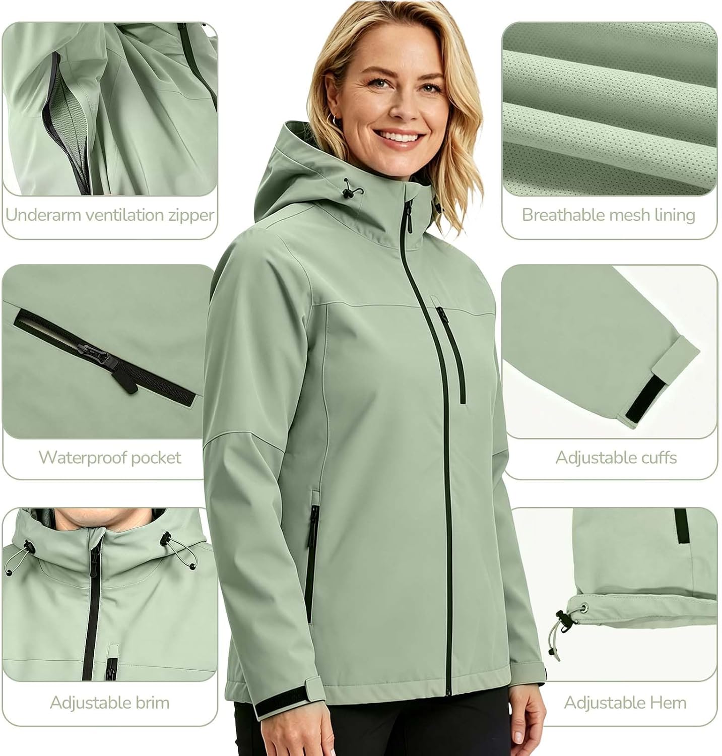 Women's Hooded Softshell Rain Jacket Waterproof Sage Green