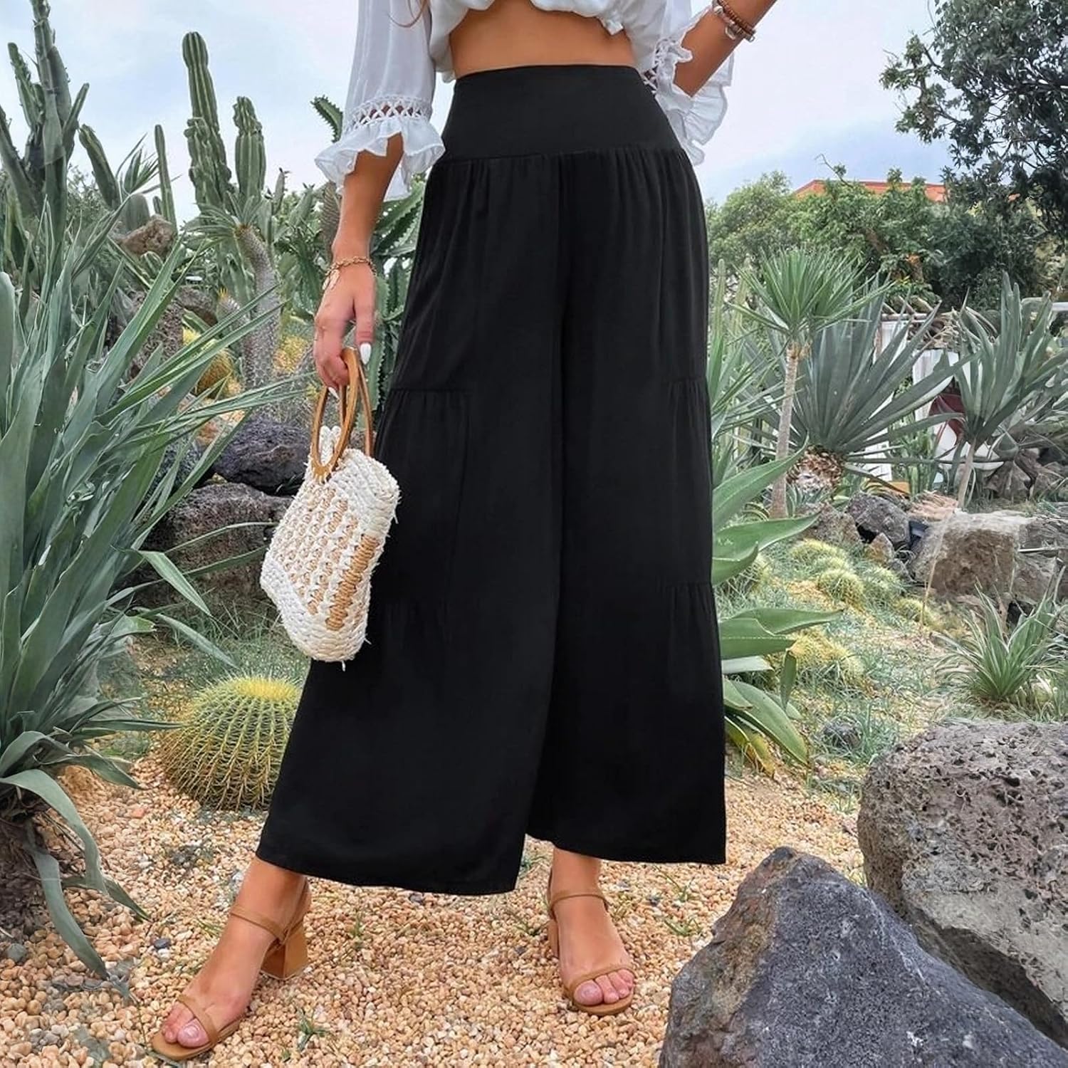 Palazzo Pants for Women Summer Casual Flowy Wide Leg High Waisted Ladies Lightweight Work Pant with Pockets