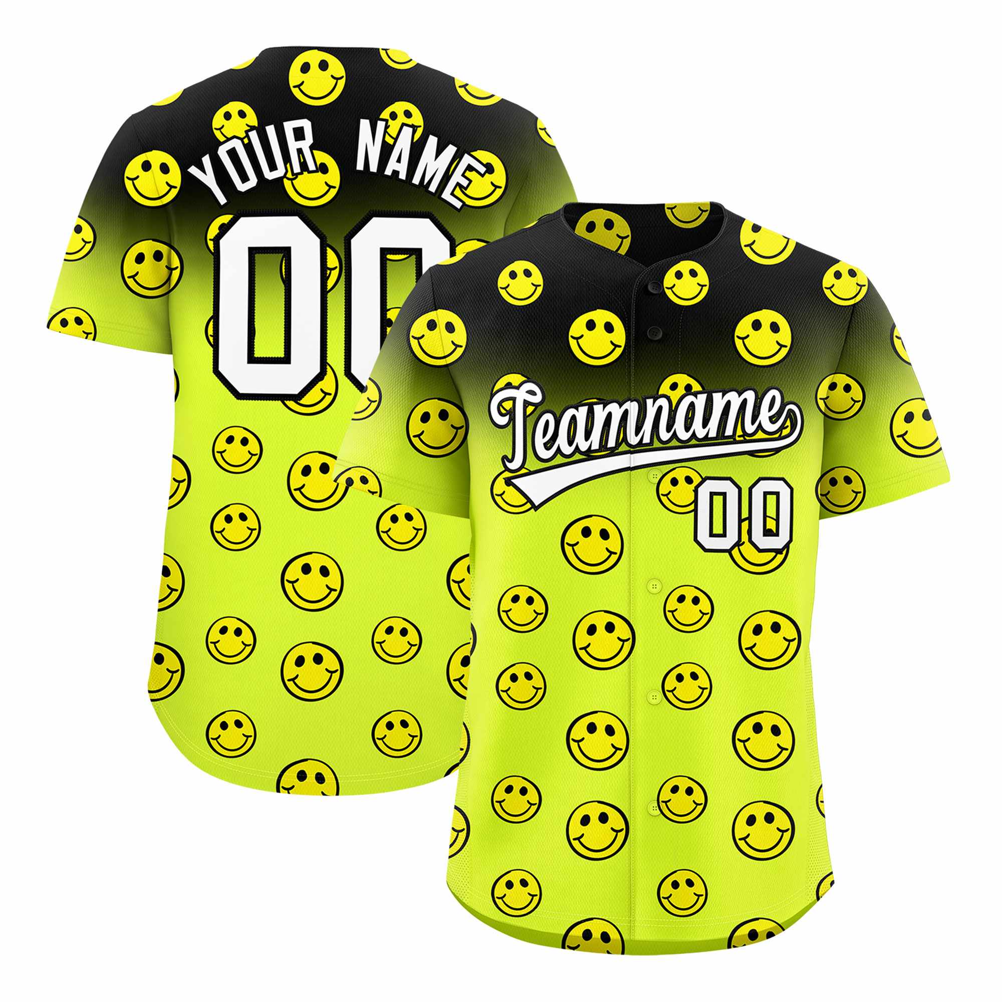 Benutzerdefiniertes, schwarzes, fluoreszierendes, grünes Graffiti-Farbverlaufsmuster mit authentischem Lächeln-Baseballtrikot