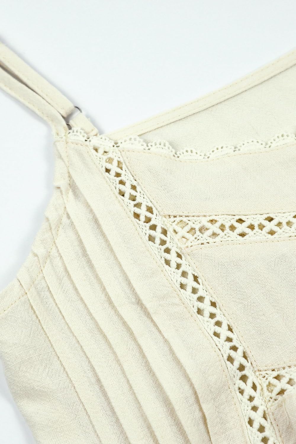 Womens Casual Adjustable Straps V Neck Linen Pleated Crochet Cami Shirt Tanks Tops