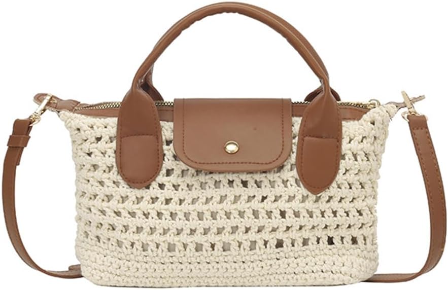 Women's Crochet Crossbody Bag with Leather Top Handle