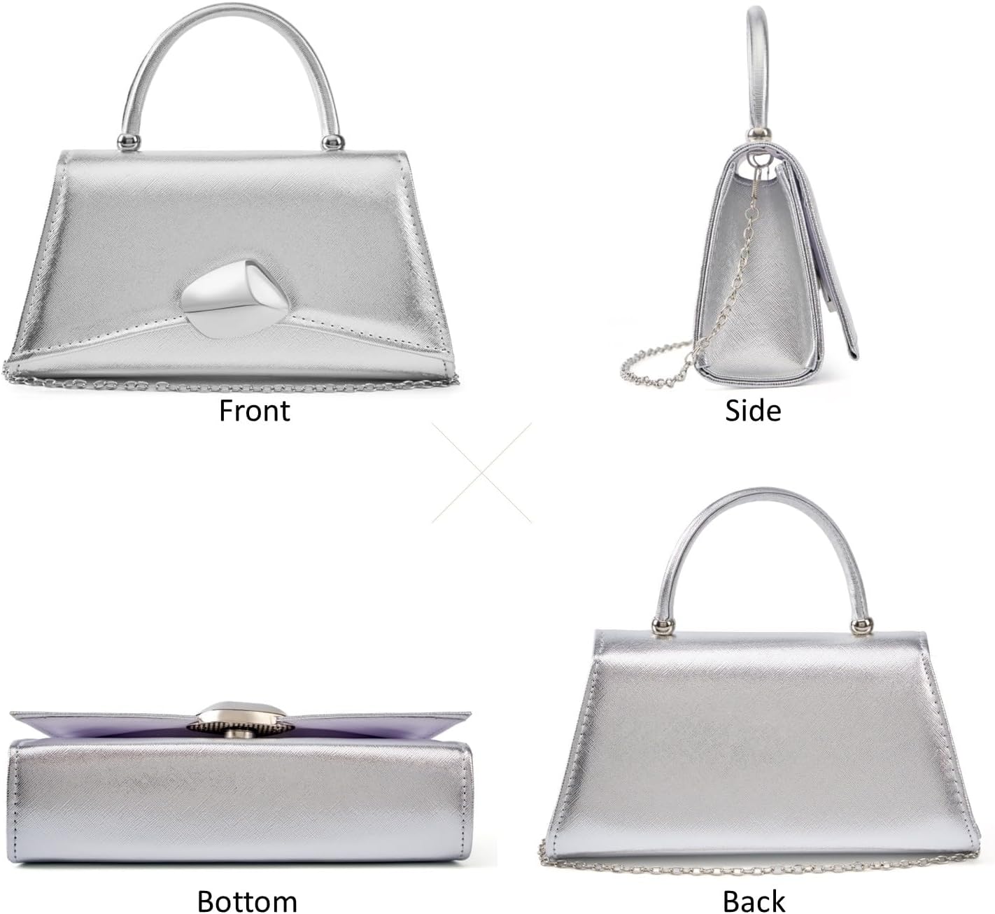Women's Silver Top Handle Clutch with Chain Strap