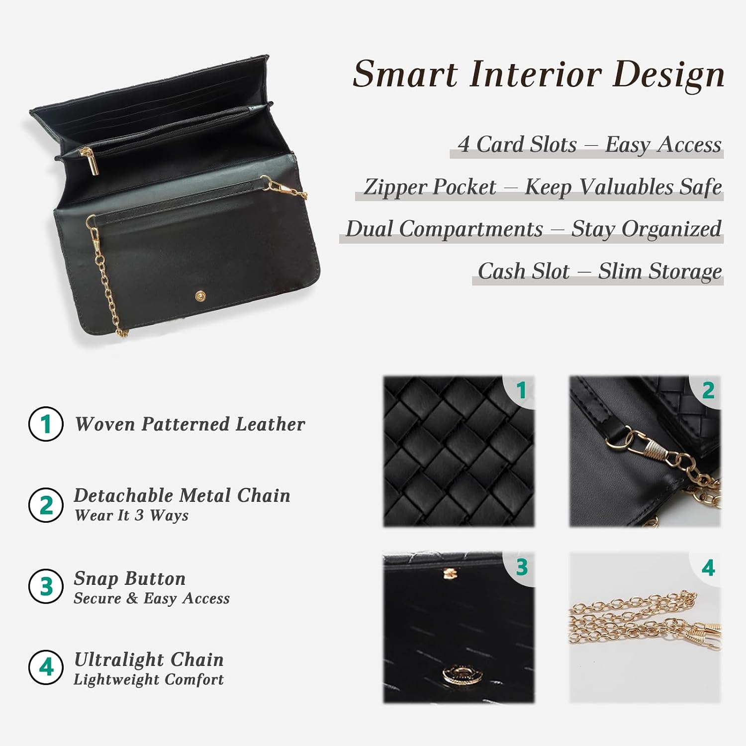 Women's Woven Leather Chain Clutch Crossbody Wallet Purse