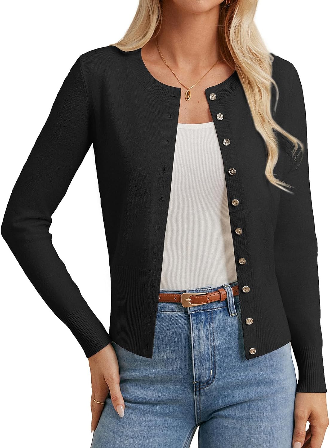 Women's Lightweight Spring Cardigan Long Sleeve Knit Crop Sweater Button Open Front Crewneck Jacket