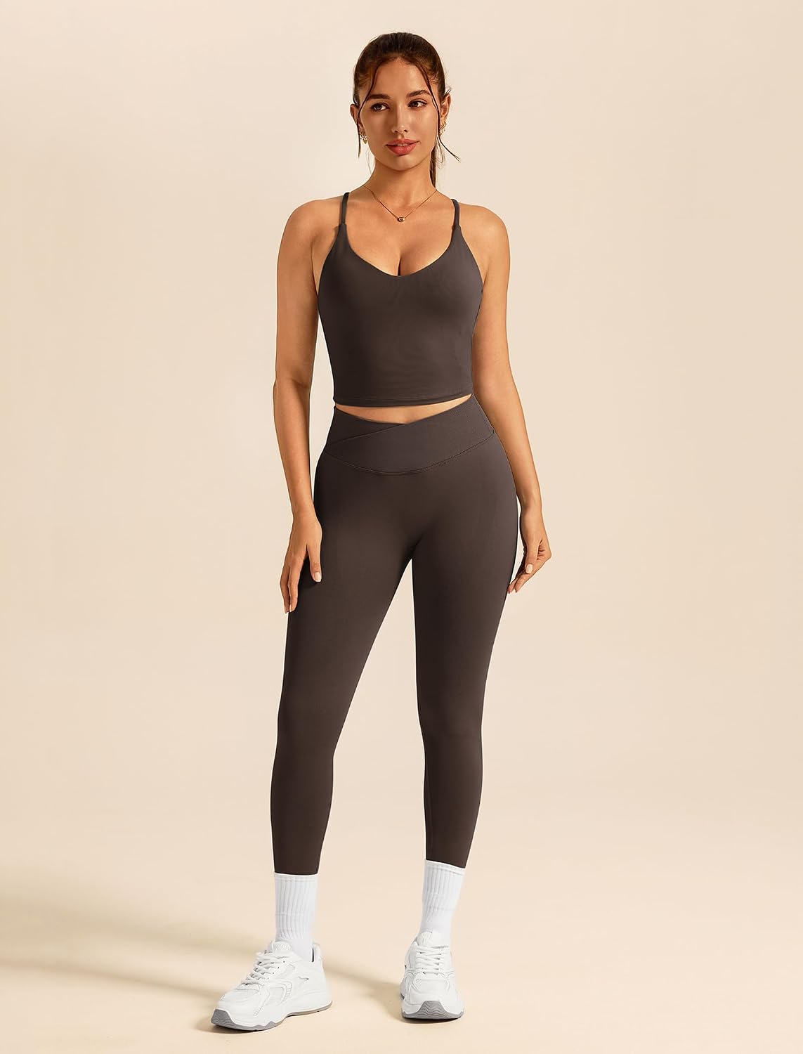 Women's Strappy Cami Tank and Crossover Leggings Coffee