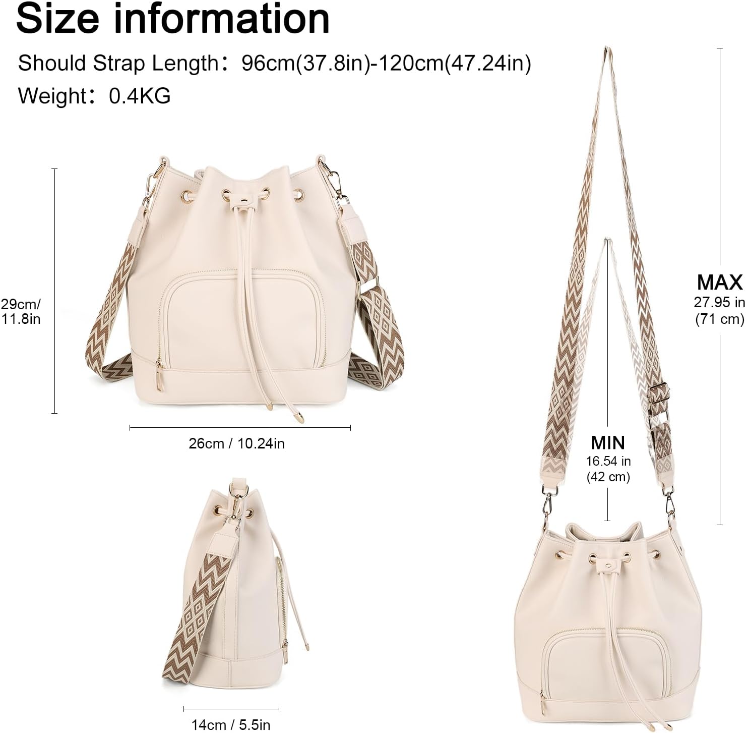 Women's Vegan Leather Drawstring Bucket Bag with Wide Strap