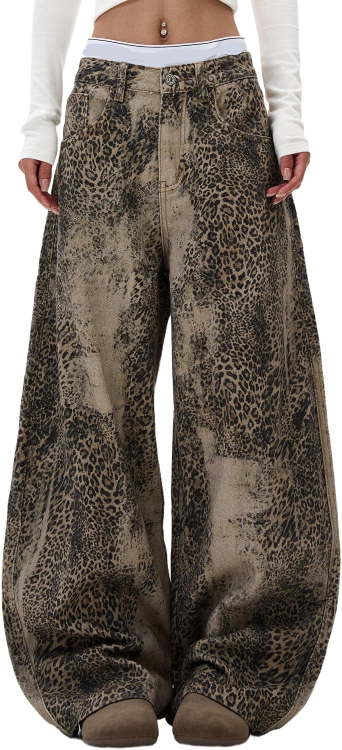 Women's Distressing Leopard Print Wide Leg Jeans High-Street Oversized Baggy Casual Pants