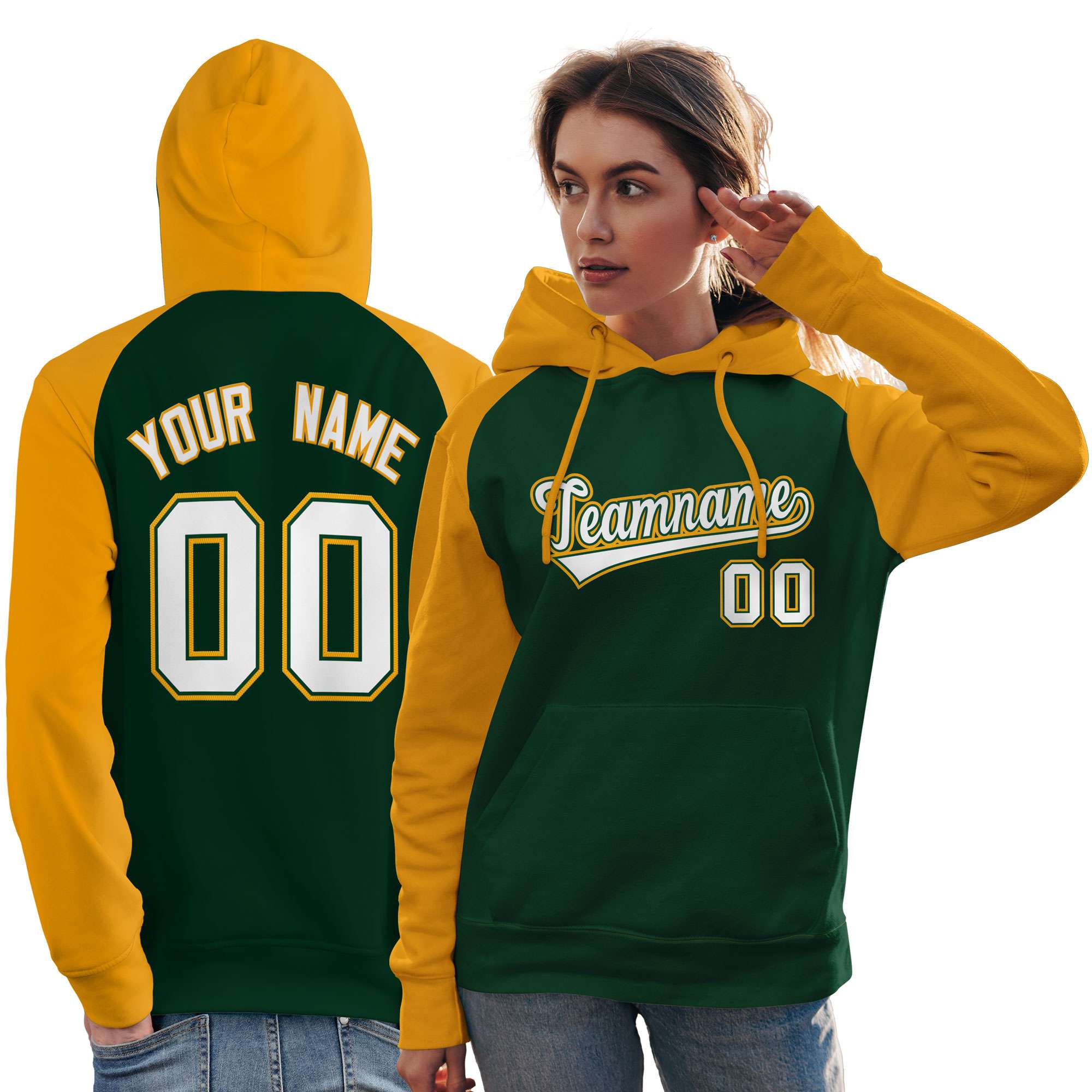 Individuell genähtes Sport-Pullover-Sweatshirt mit Raglanärmeln in Grün-Gold-Weiß für Damen