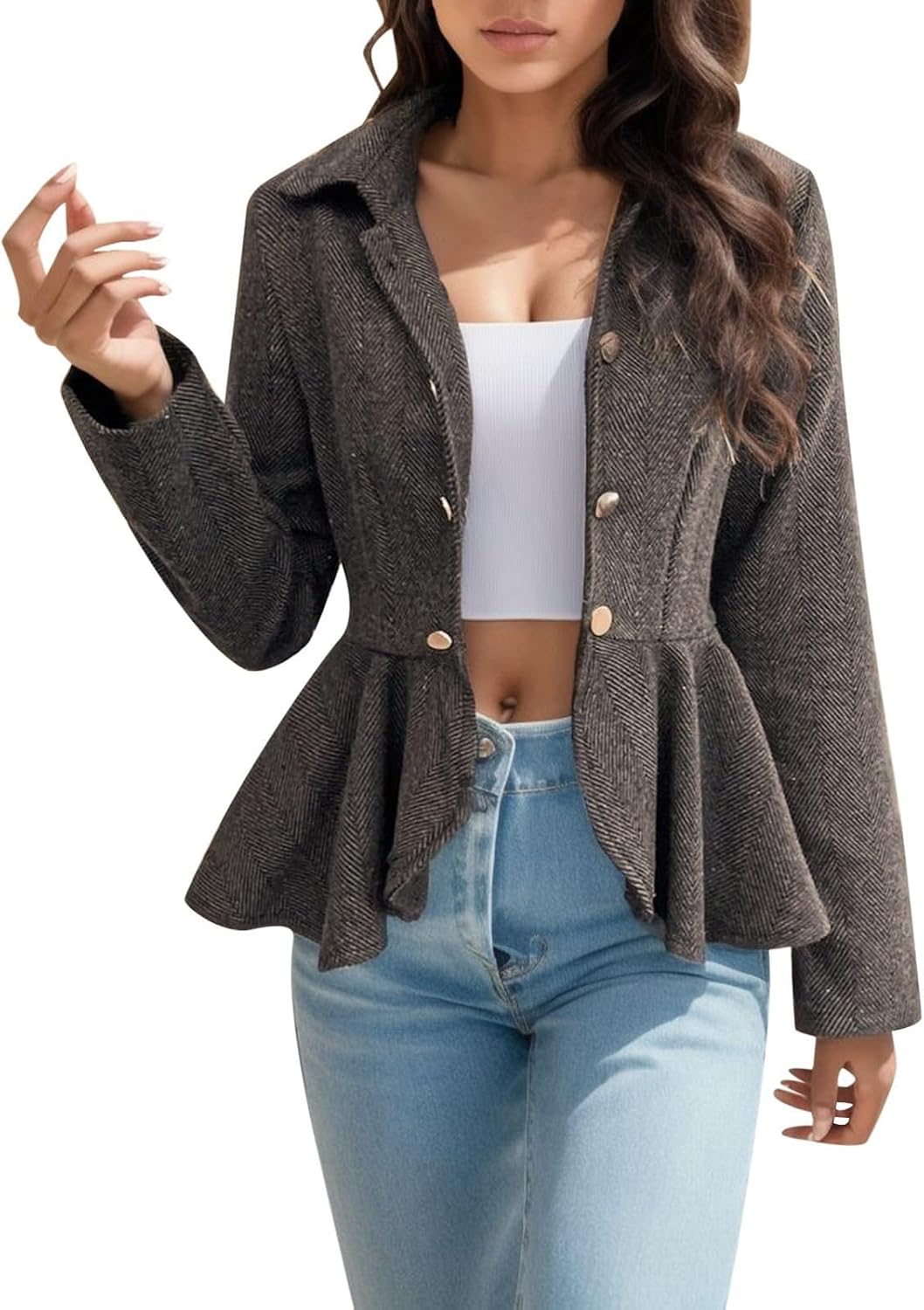 Womens Business Blazer Jackets Ruffle Hem Lapel Collar Office Work Suit Jacket Button Casual Open Front Cardigan Coat