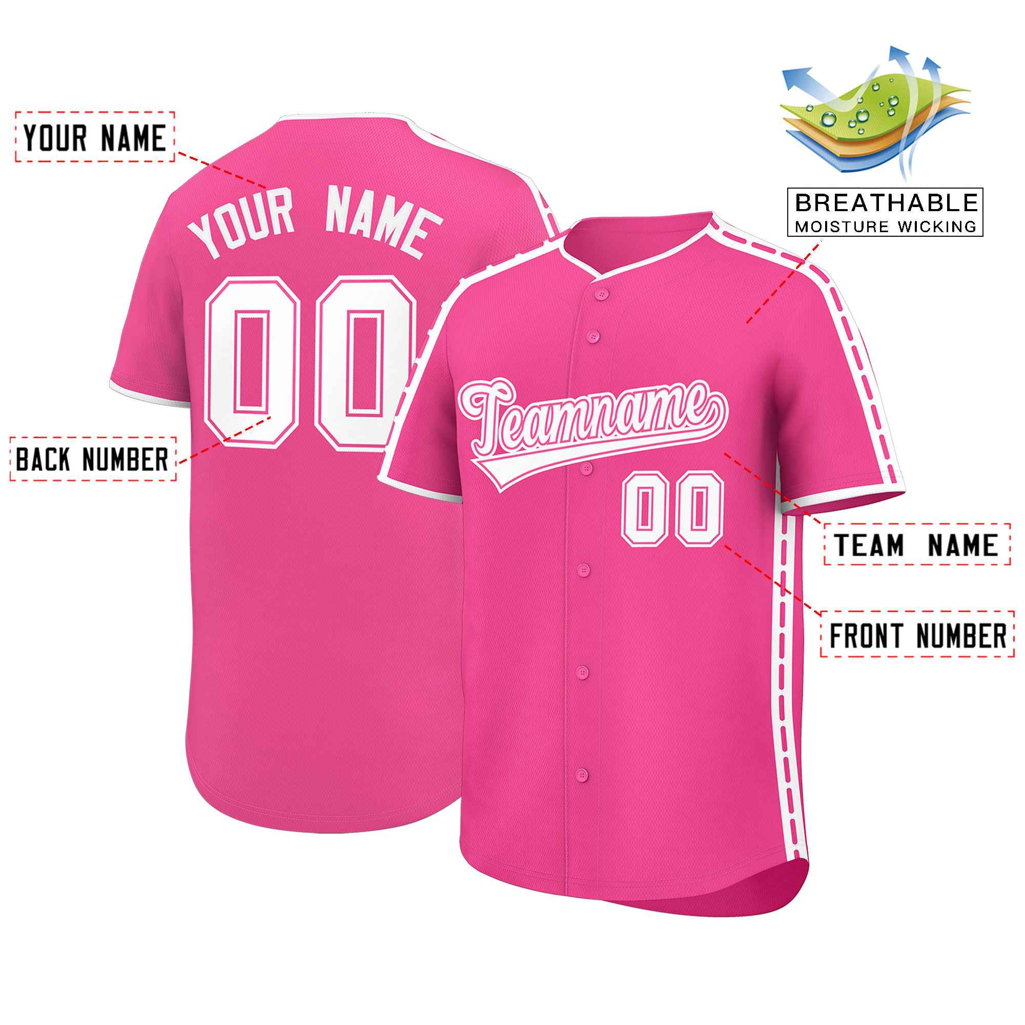 Authentisches Baseball-Trikot mit individuellem Farbblock, personalisierter seitlicher gepunkteter Linie