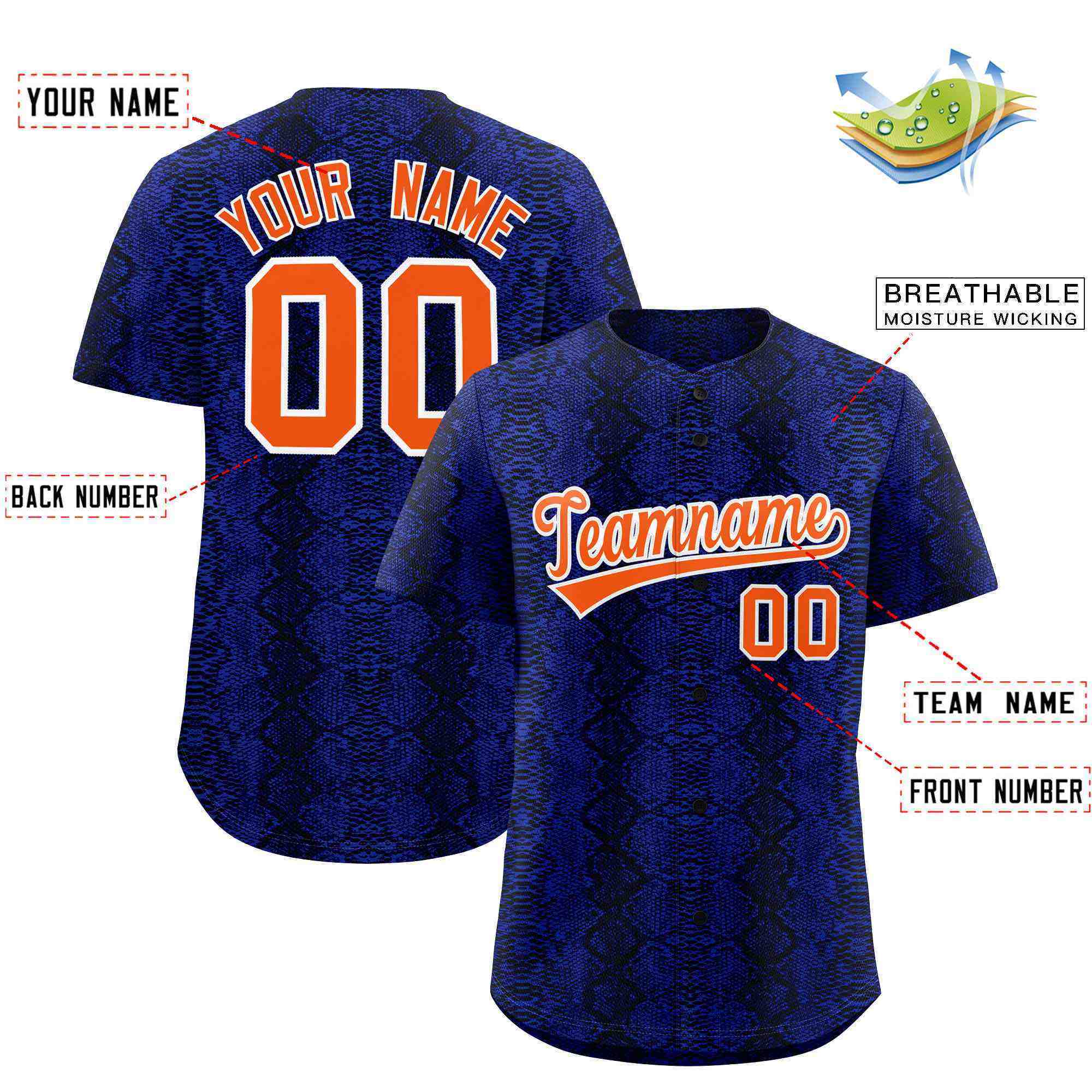 Benutzerdefiniertes authentisches Baseball-Trikot mit mehrfarbigem Schlangenledermuster