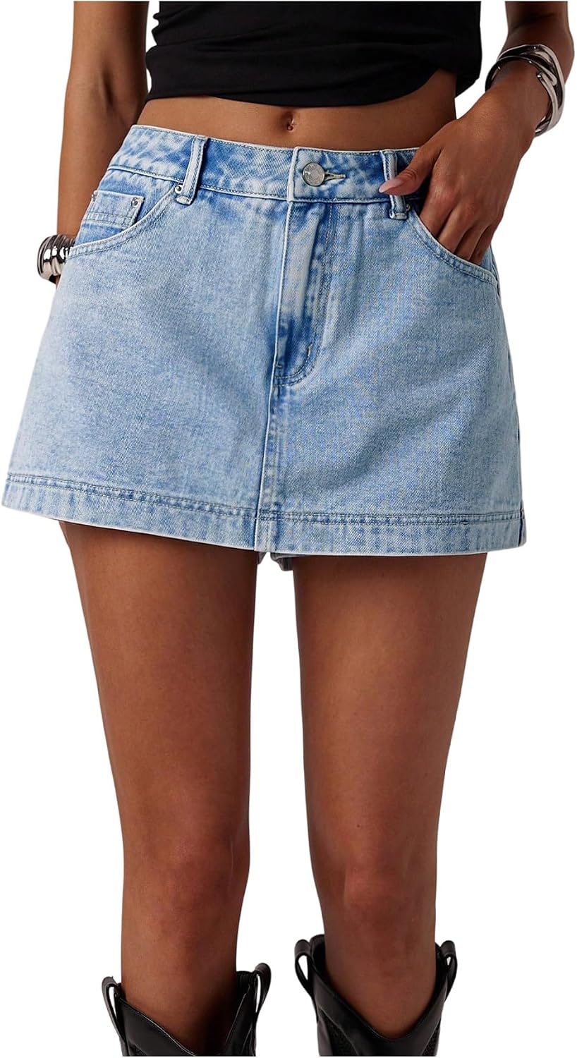 Women's High Waisted Denim Skort A Line Blue