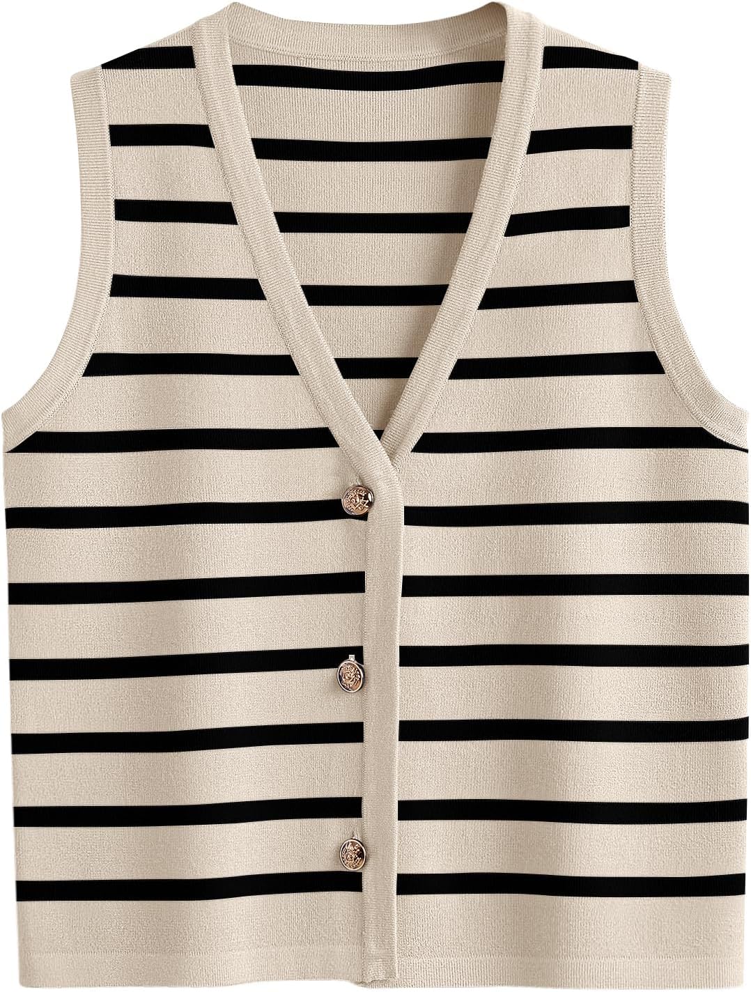 Women's Striped Knit Vest V Neck Button Front Cropped