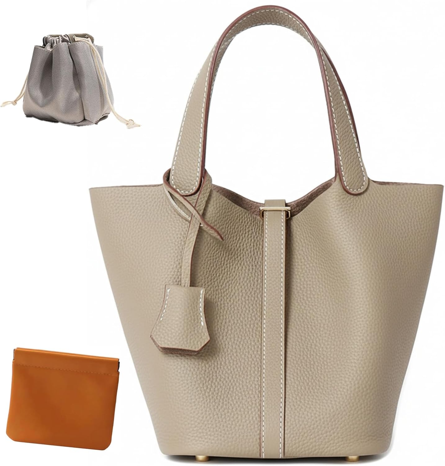 Women's Genuine Leather Bucket Tote Handbag With Lock Beige