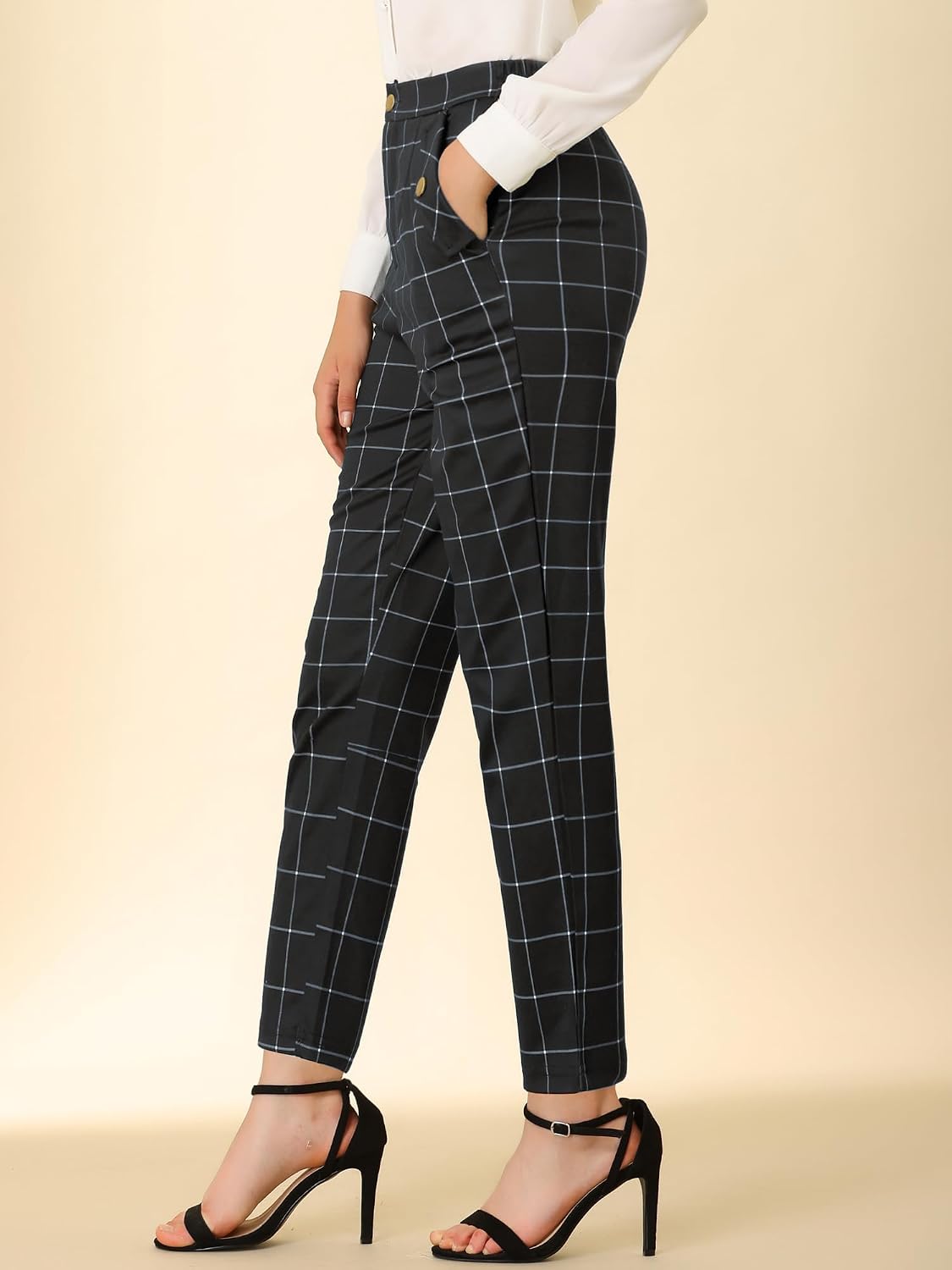 Women's Vintage Tartan Plaid Pants Elastic Waist Straight Long Trousers