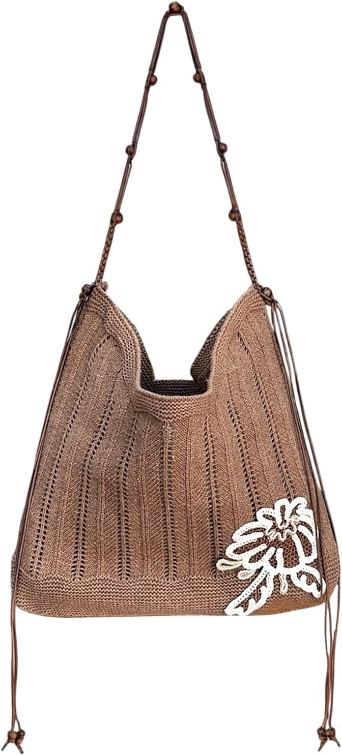 Women's Crochet Flower Beach Tote Bag Beige