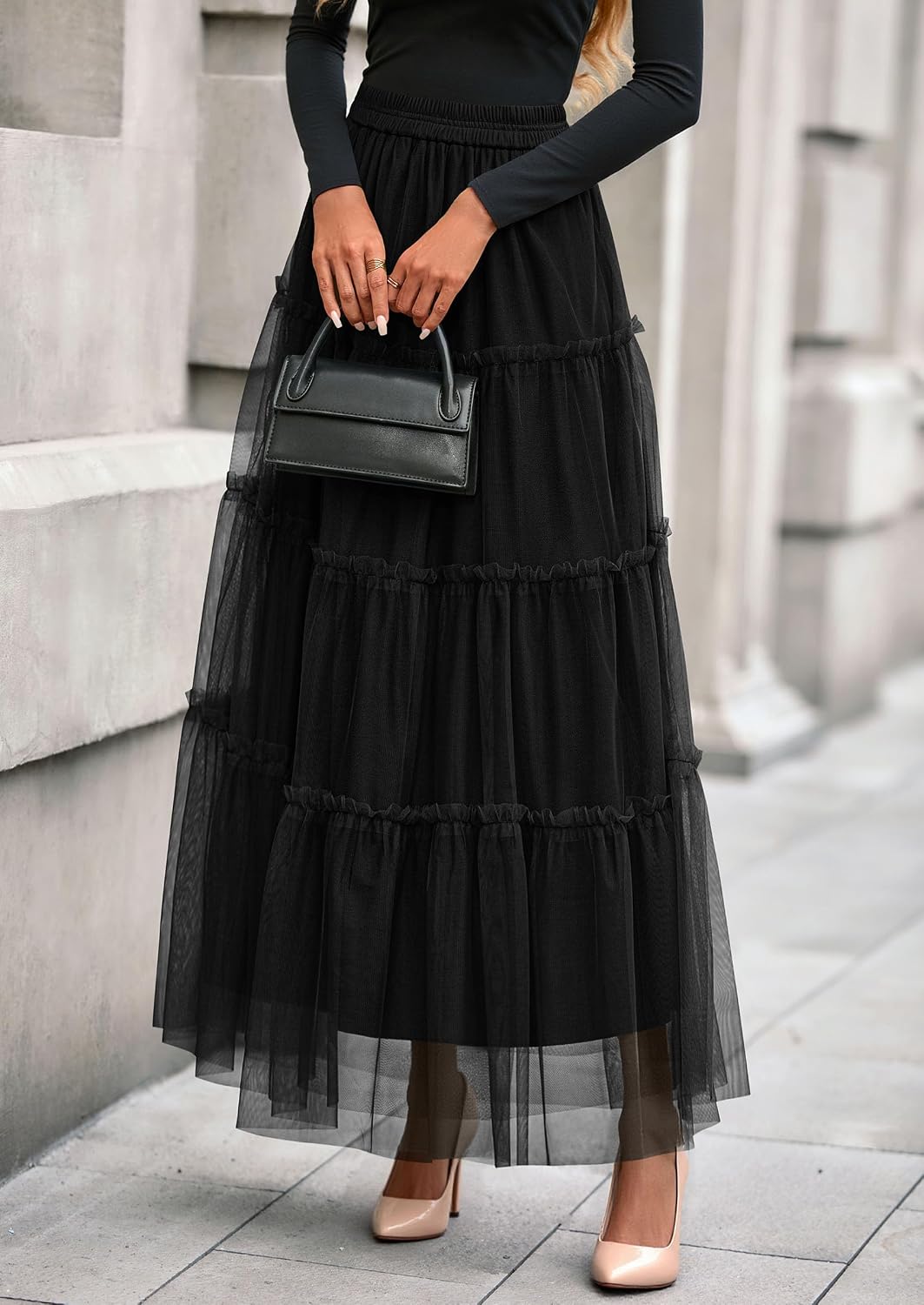 Women's Tulle Tiered Maxi Skirt Elastic Waist Black