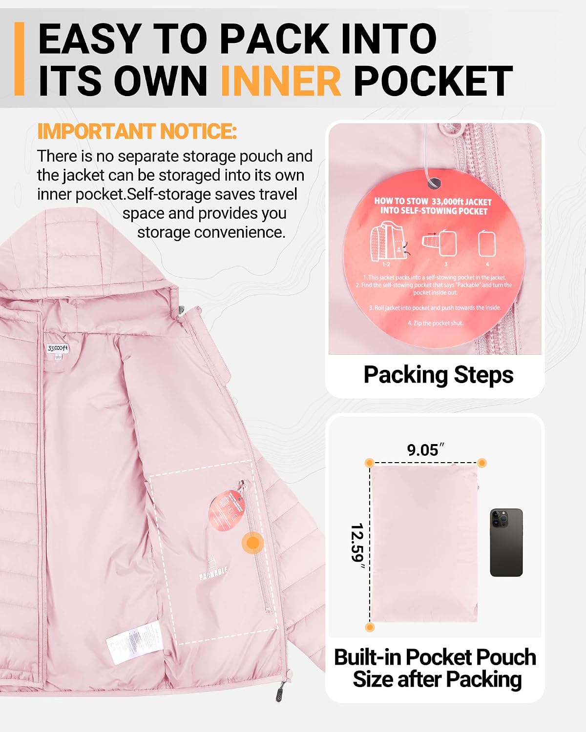 Women's Packable Hooded Puffer Jacket Lightweight Pink