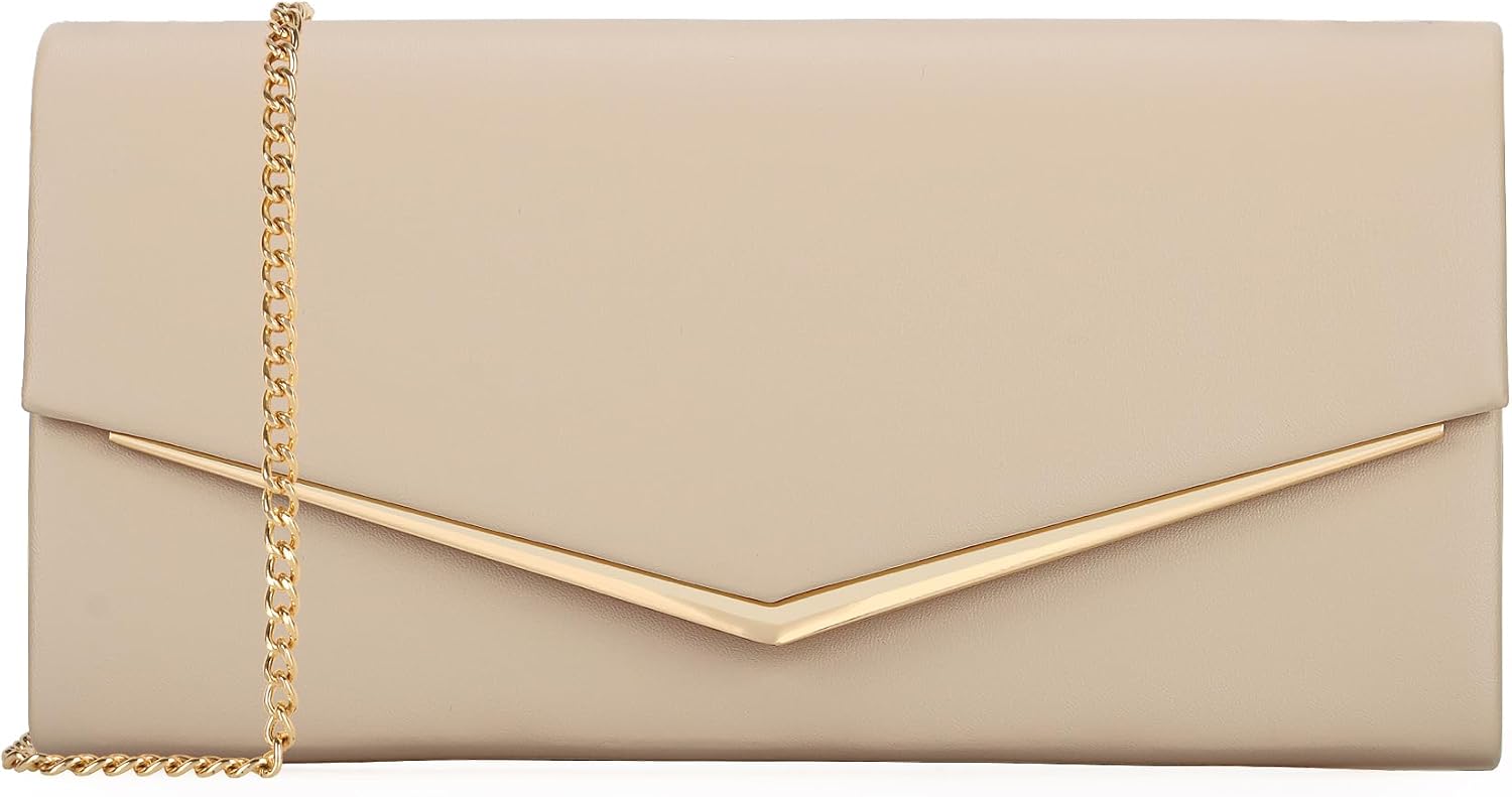 Women's Beige Envelope Clutch with Gold Trim and Chain