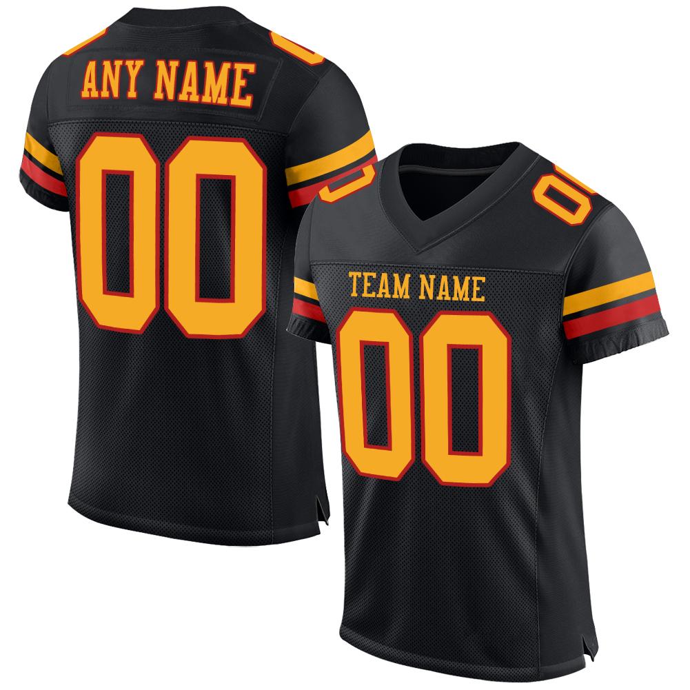 Maßgeschneidertes authentisches Mesh-Fußballtrikot im klassischen Schwarz-Gold-Scharlachrot-Stil