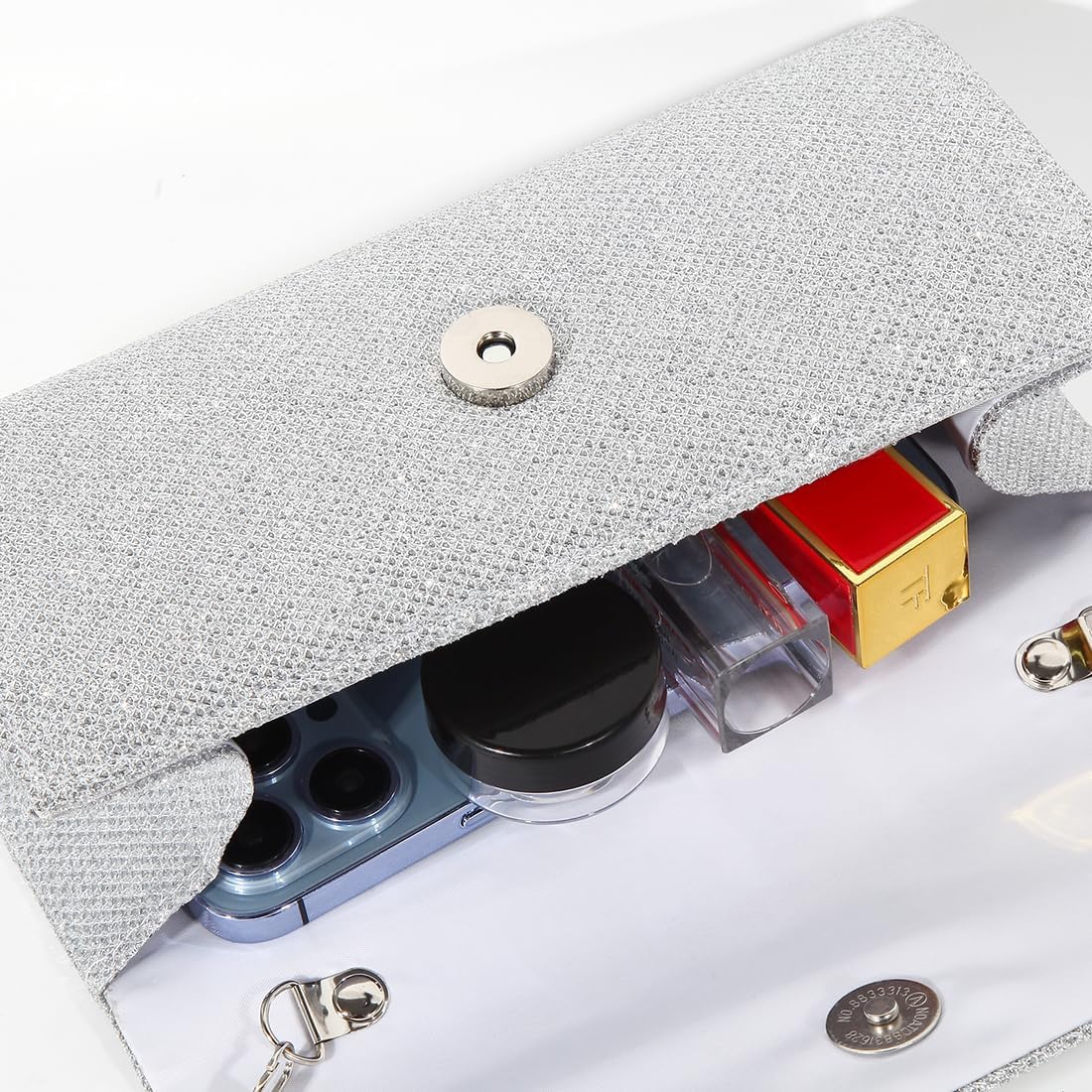 Women's Silver Glitter Clutch Purse with Detachable Chain Strap