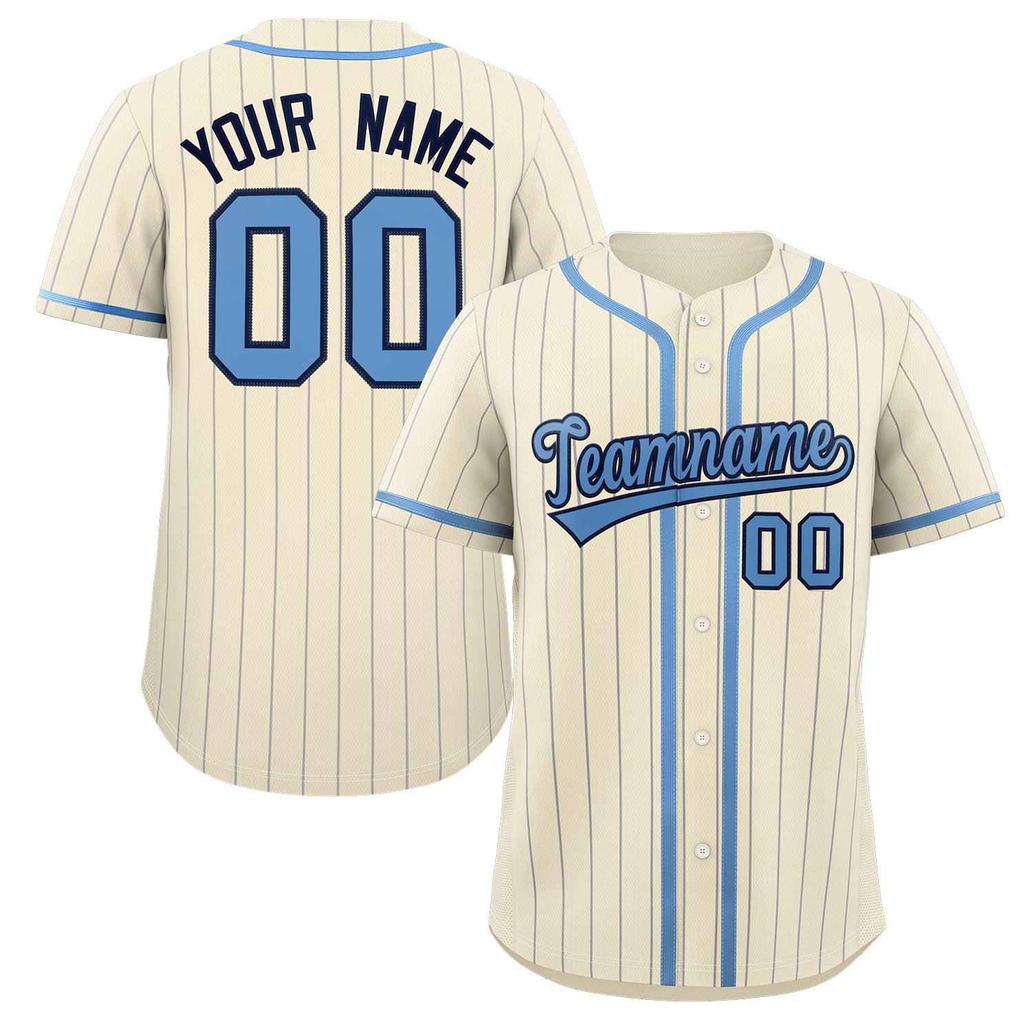 Benutzerdefiniertes authentisches Baseball-Trikot mit cremefarbenen, hellblauen und hellgrauen Streifen, modischem Design und durchgehenden Knöpfen