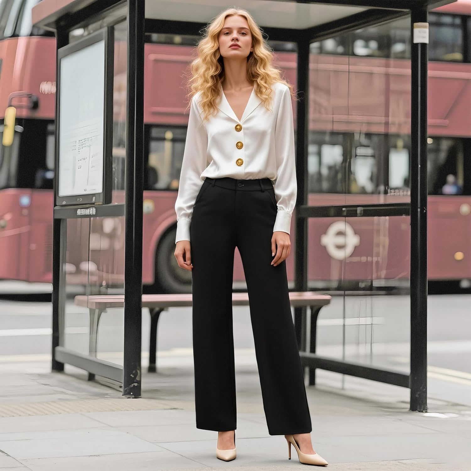 Womens High Waist Wide Straight Leg Trousers Casual Slacks Dress Pants with Pockets