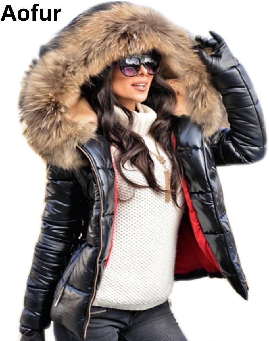 Women's Short Glossy Puffer Jacket Faux Fur Hood Black