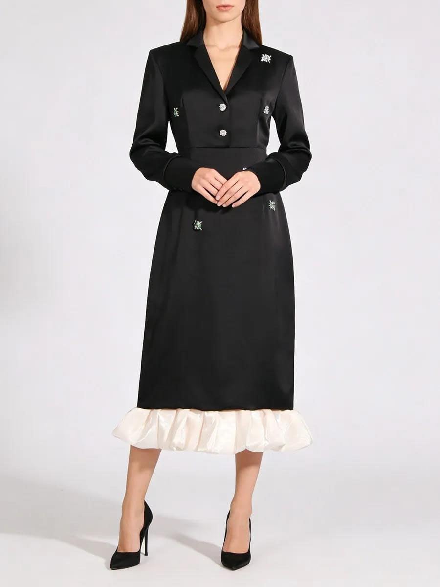 Women's Embellished Satin Midi Dress Lapel Long Sleeve Black