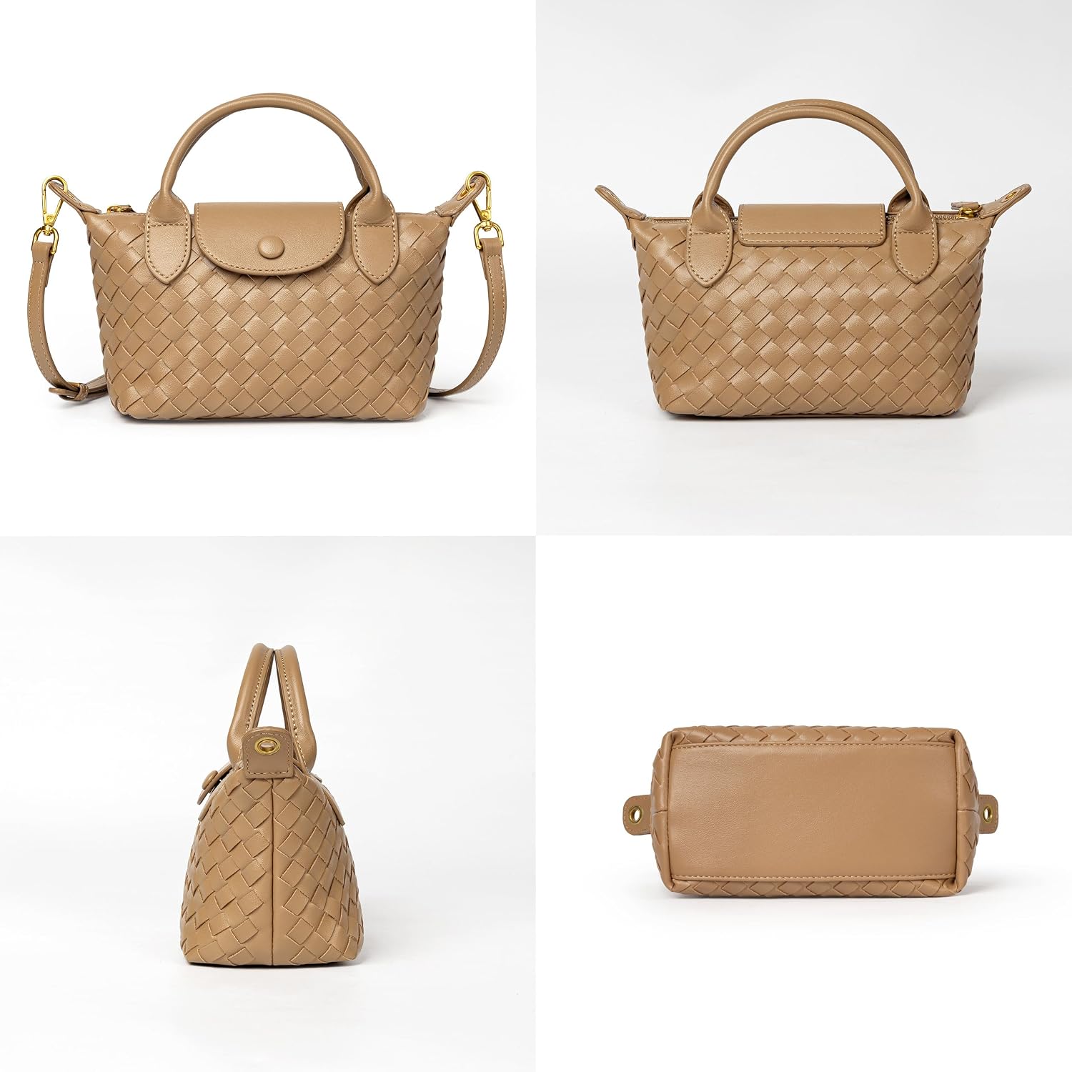 Women's Woven Vegan Leather Crossbody Bag Top Handle Tan