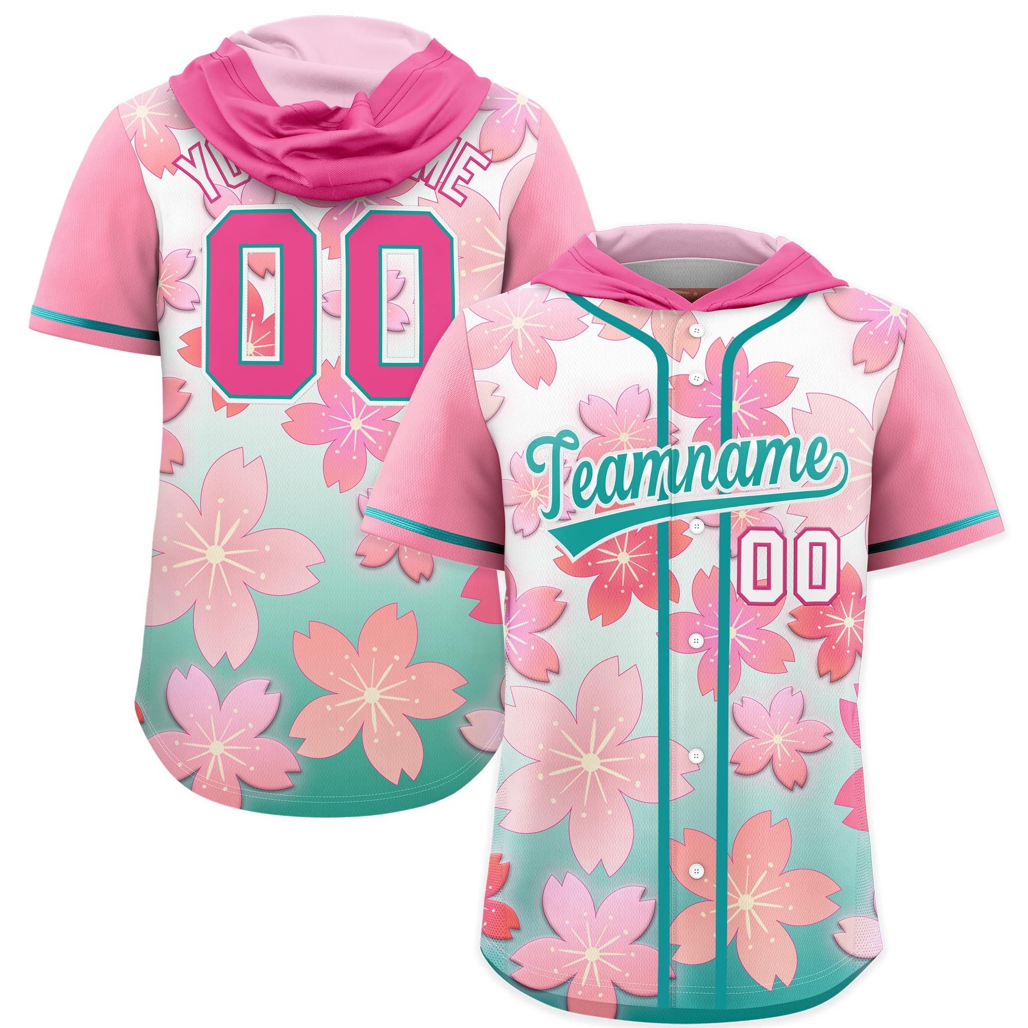 Benutzerdefiniertes Kirschblüten-Raglanärmel-atmungsaktives Baseball-Kapuzentrikot