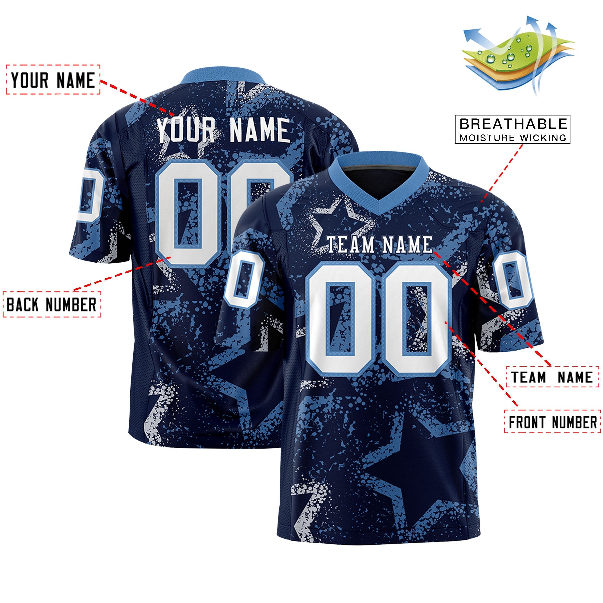 Benutzerdefiniertes, dunkelblaues, hellblau-weißes, personalisiertes Star-Graffiti-Muster, authentisches Fußballtrikot