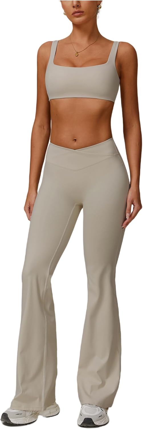 2 Piece Workout Sets for Women Crossover High Waisted Flare Leggings Gym Yoga Outfit Stretchy Sports Bra Set