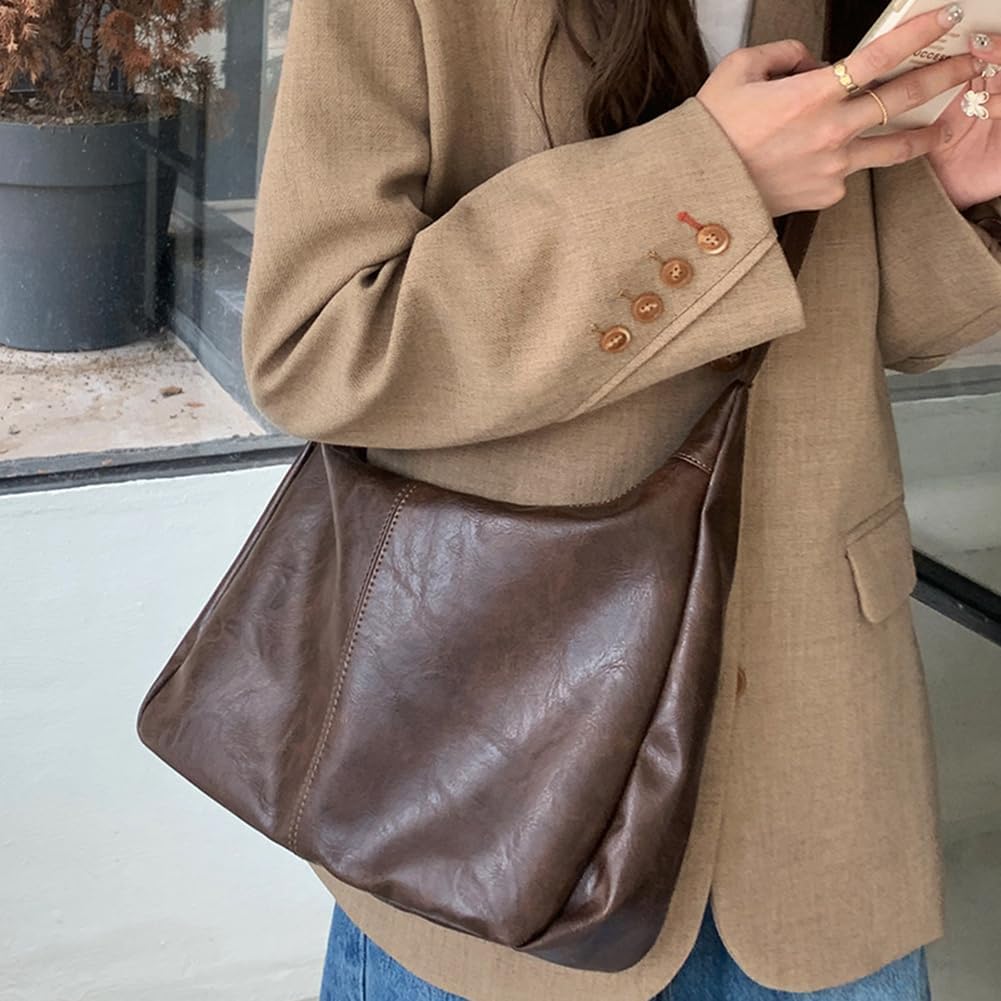 Women's PU Leather Slouchy Hobo Shoulder Bag Brown