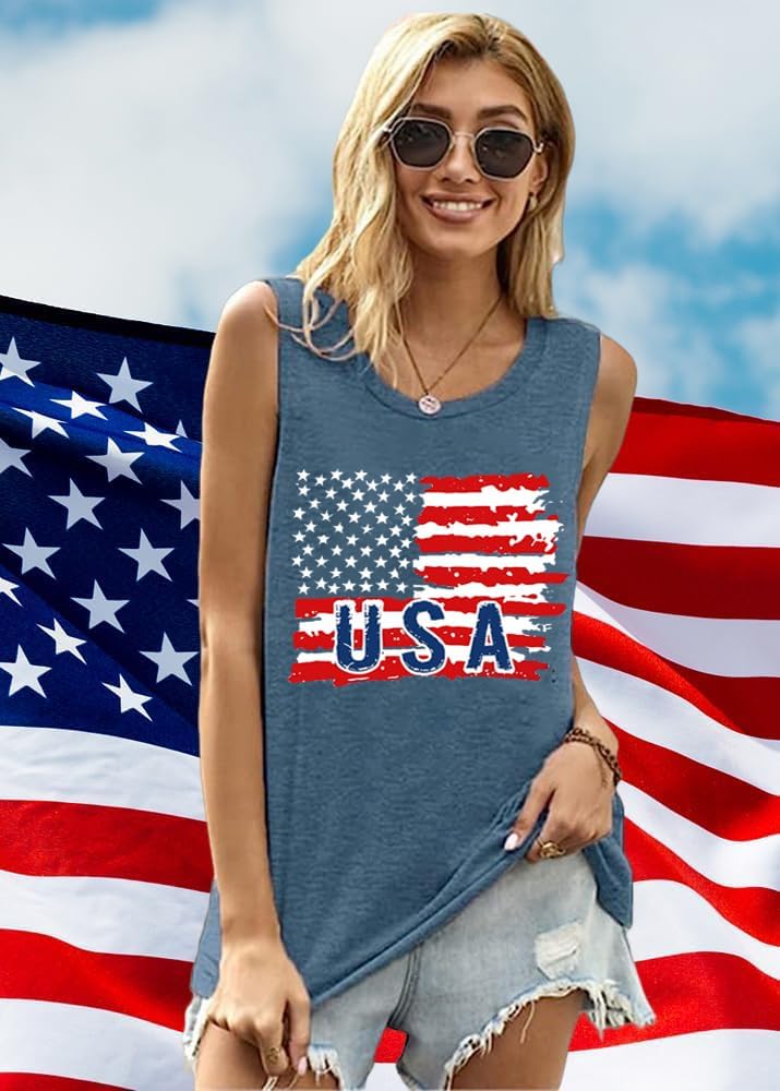 Women's USA Flag Graphic Tank Top Patriotic Sleeveless Shirt