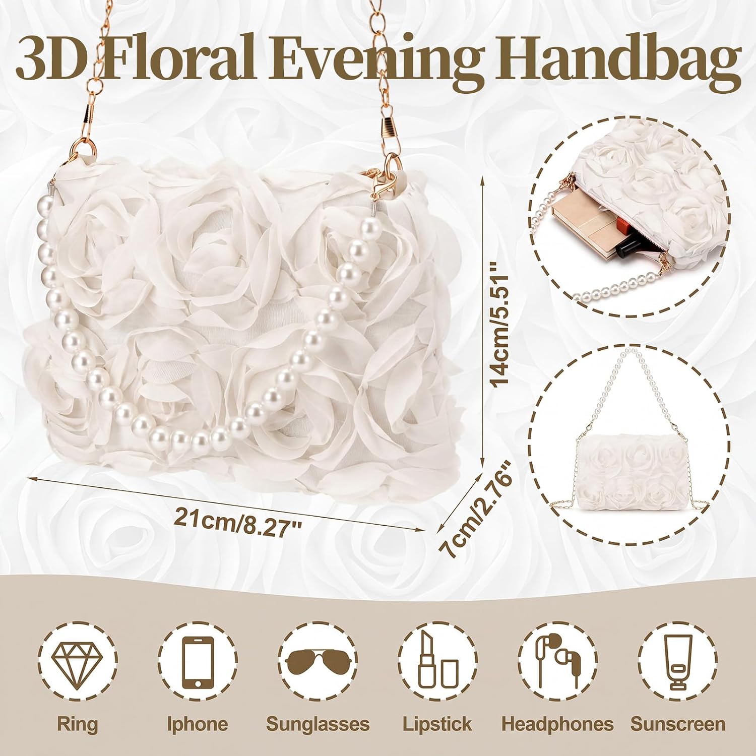Women's Satin Rosette Clutch with Pearl Handle and Chain
