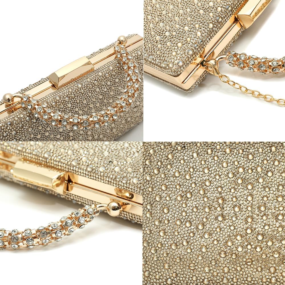 Women's Rhinestone Evening Clutch Crystal Top Handle Purse Gold